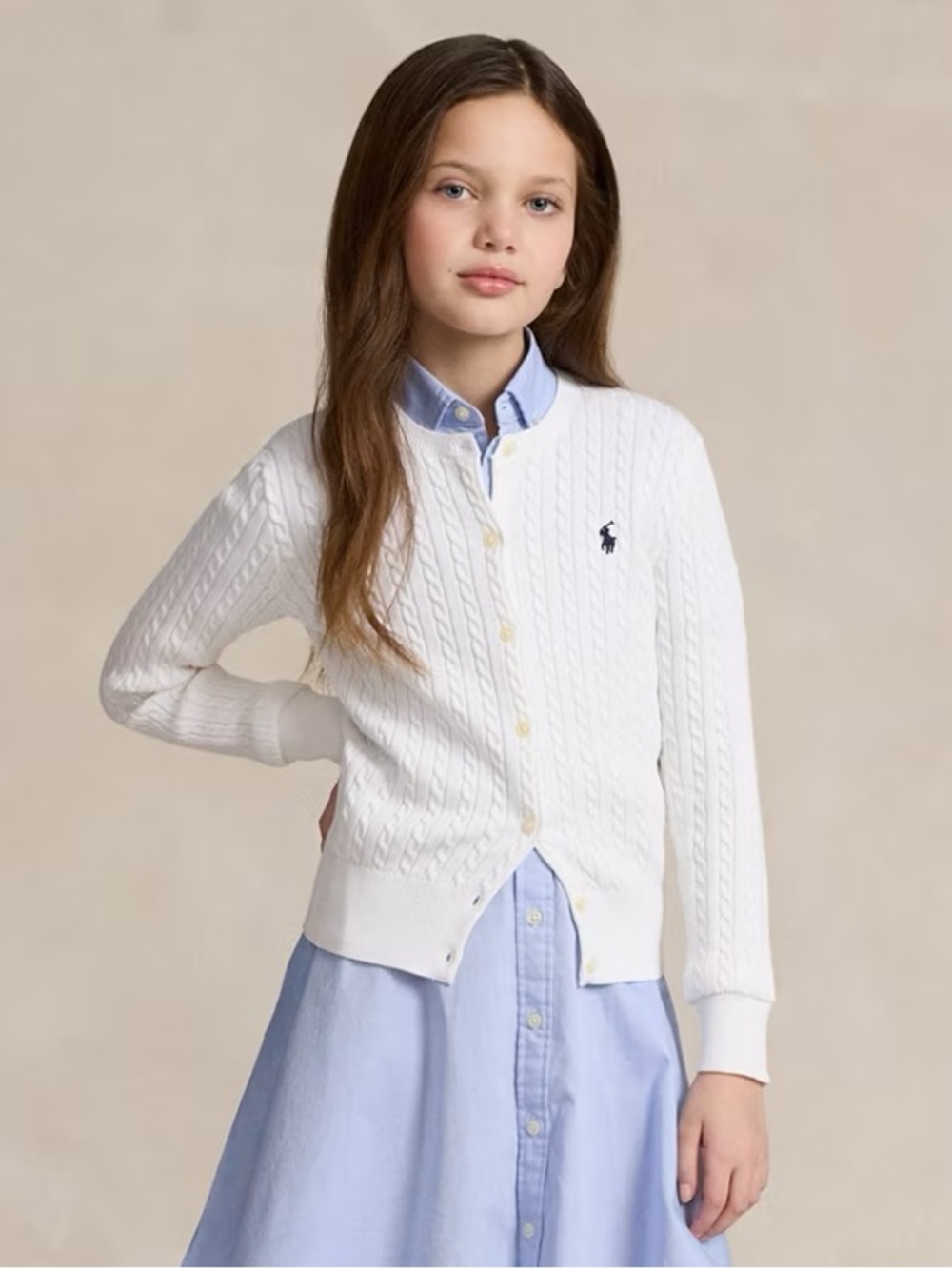 Polo by Ralph Lauren Girls' White Cable-Knit Cardigan with Navy Pony